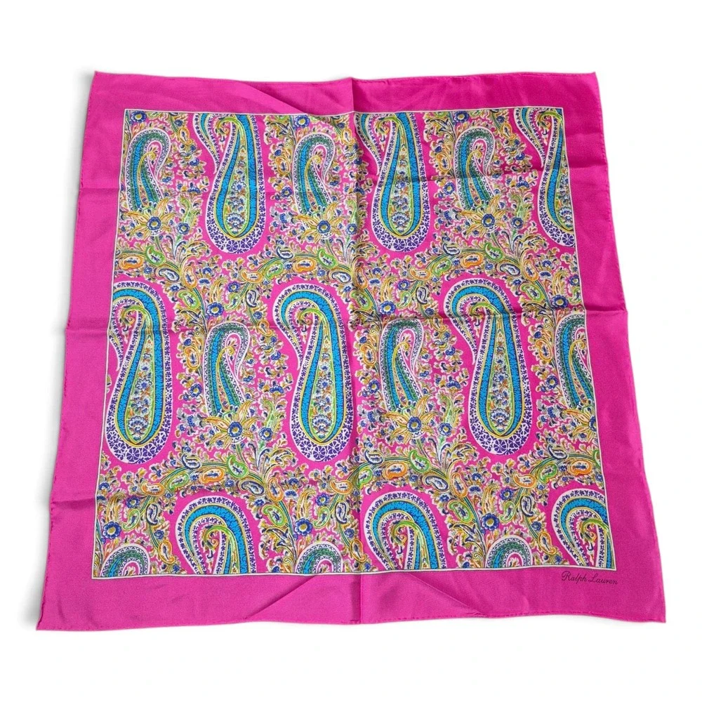Ralph Lauren Purple Label Italy Silk Scarf Neckerchief Paisley Floral Pink